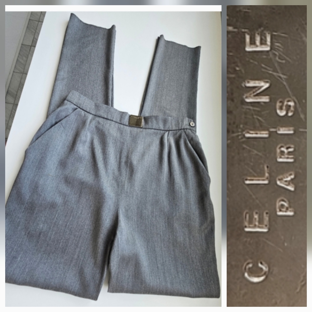 Celine Vintage Cement Grey With Silver Logo Plate High Waited Straight Leg Pants